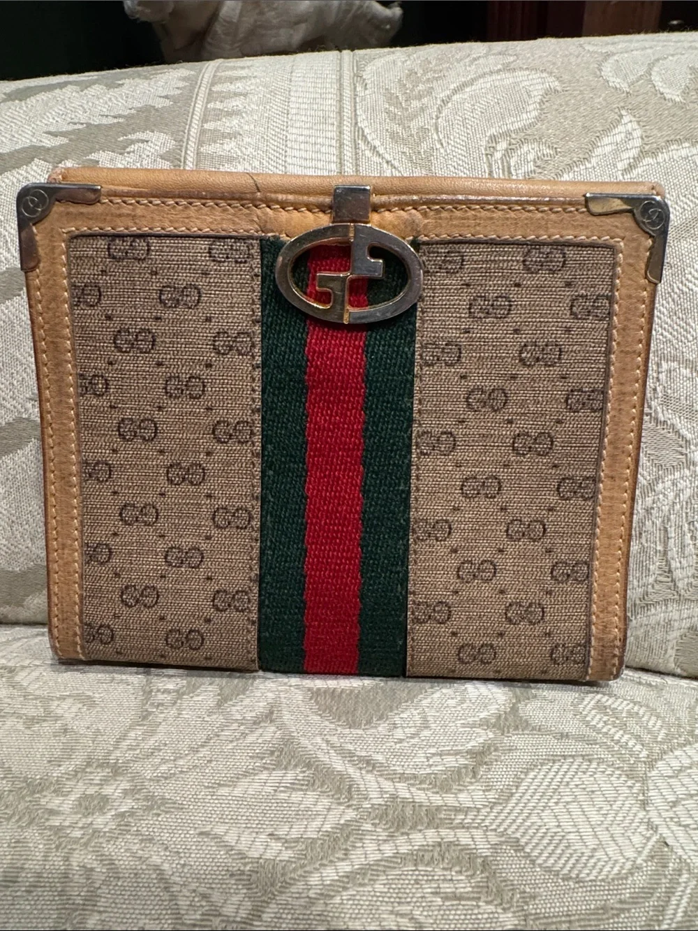 Gucci Beige GG Canvas Wallet with Green and Red Web Stripe